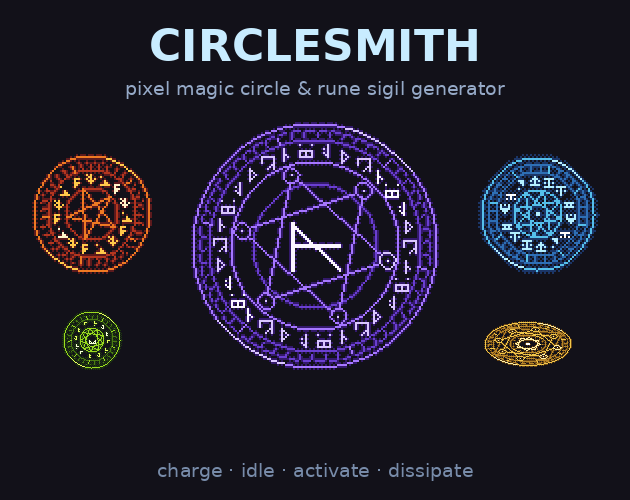 Circlesmith cover: animated pixel magic circles with rune script.