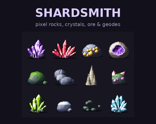 Shardsmith cover: pixel boulders, crystal clusters and ore nodes.